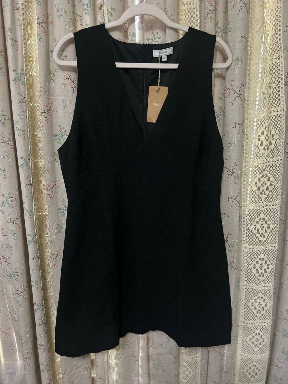 RIHOAS Black Linen Blend‎ Deep V Neck Mini Dress XL NWT